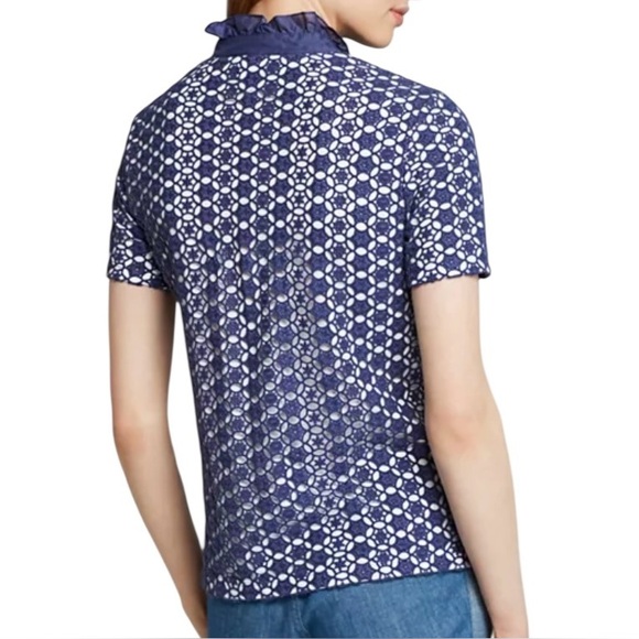 Tory Burch Blue Ruffle Collar Eyelet Overlay Polo Shirt - Picture 2 of 11